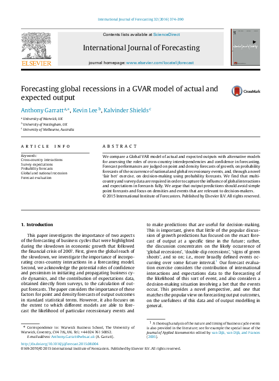 (PDF) Forecasting Global Recessions in a GVAR Model of Actual and ...