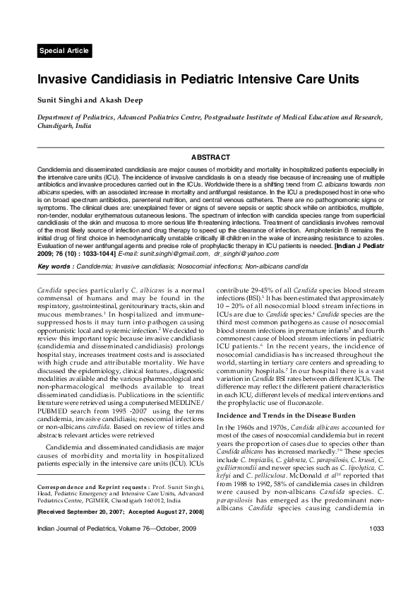 (PDF) Invasive candidiasis in pediatric intensive care units