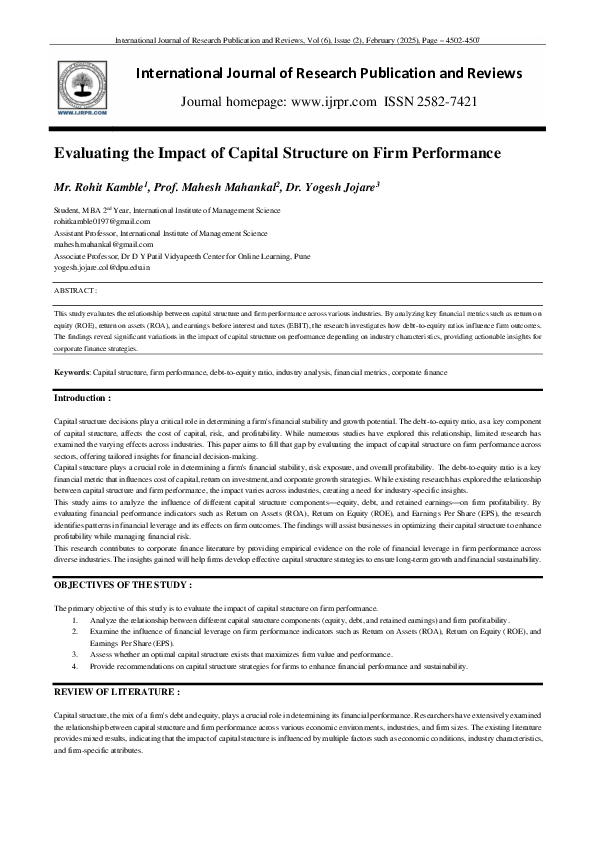 (PDF) Evaluating the Impact of Capital Structure on Firm Performance