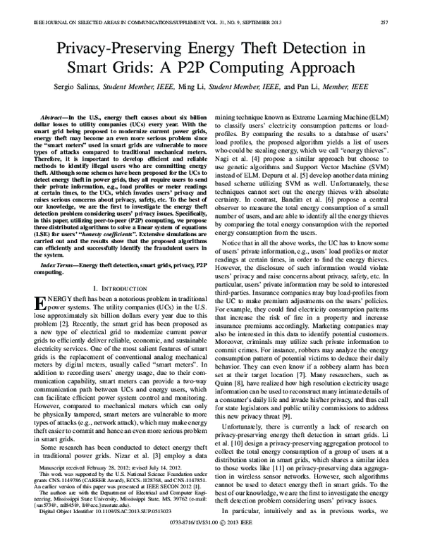 (PDF) Privacy-Preserving Energy Theft Detection in Smart Grids: A P2P ...