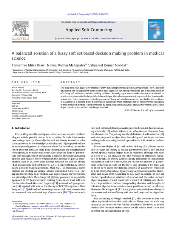 (PDF) A balanced solution of a fuzzy soft set based decision making ...