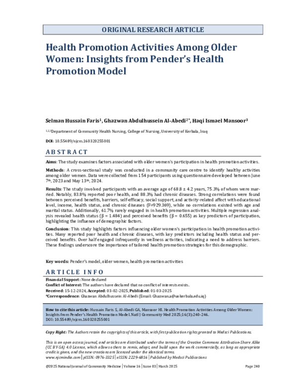 (PDF) Health Promotion Activities Among Older Women: Insights from ...