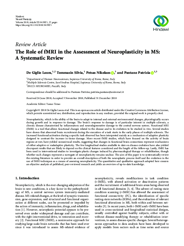 (PDF) The Role of fMRI in the Assessment of Neuroplasticity in MS: A ...