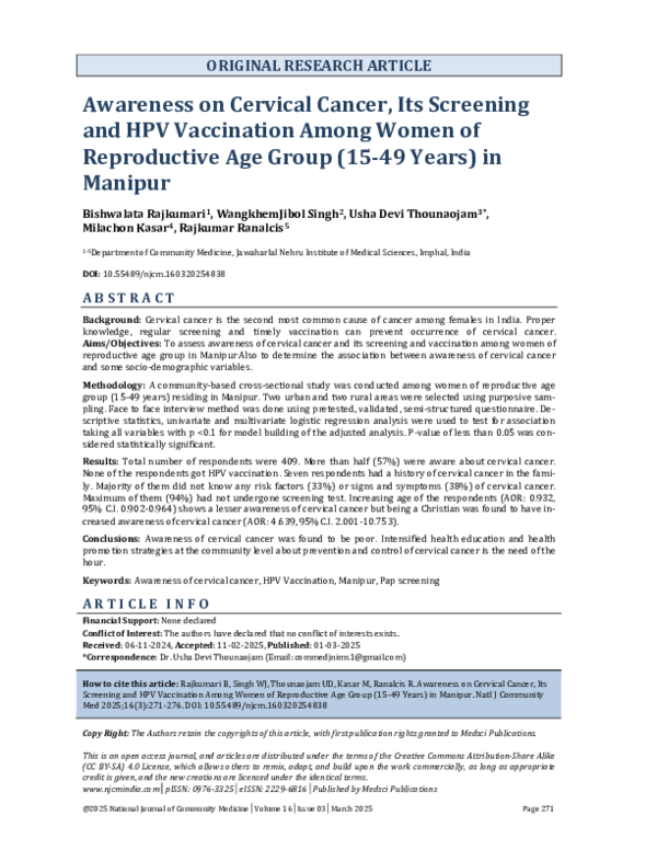 (PDF) Awareness on Cervical Cancer, Its Screening and HPV Vaccination ...