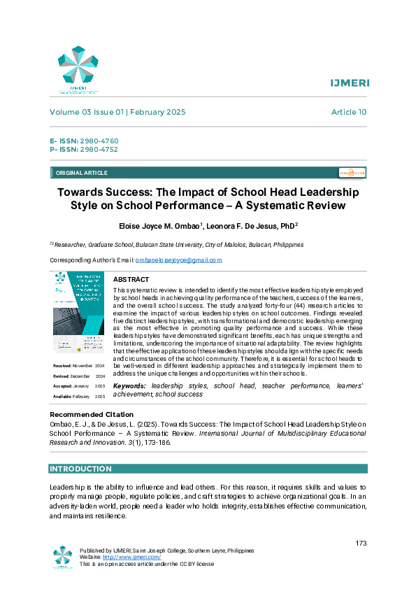 (PDF) Towards Success: The Impact of School Head Leadership Style on ...