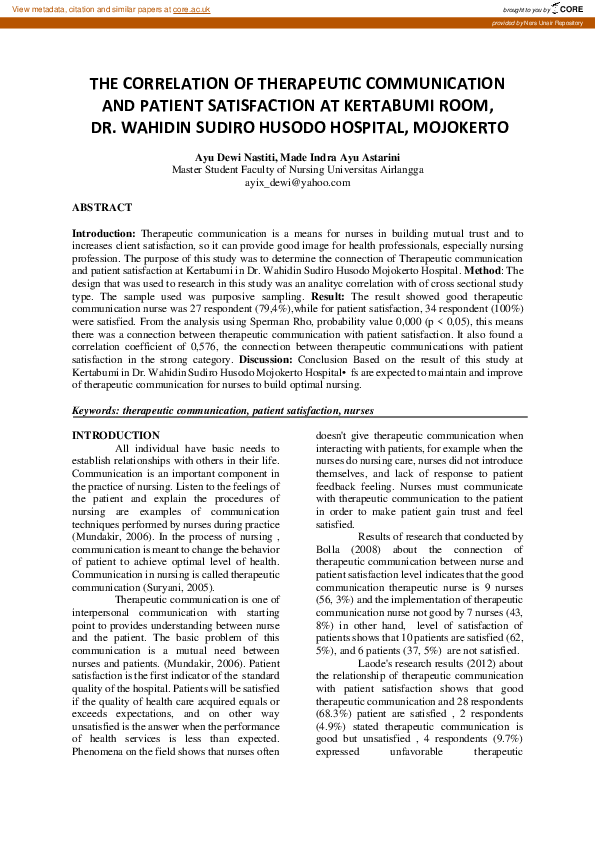 (PDF) The Correlation of Therapeutic Communication and Patient ...