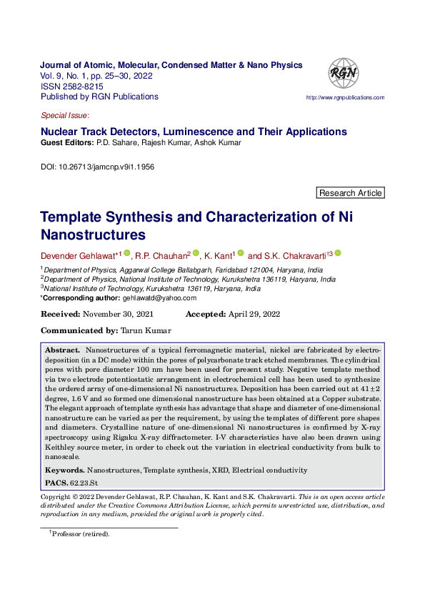 (PDF) Template Synthesis and Characterization of Ni Nanostructures