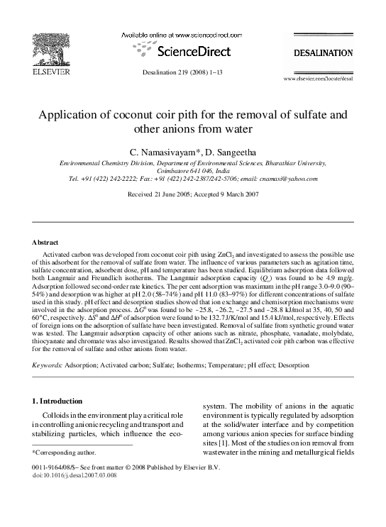 (PDF) Application of coconut coir pith for the removal of sulfate and ...