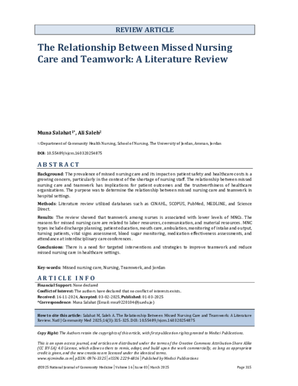 (PDF) The Relationship Between Missed Nursing Care and Teamwork: A ...