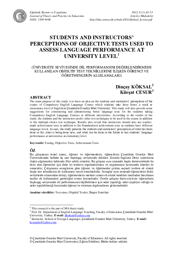 (PDF) Students and Instructors'Perceptions of Objective Tests Used to ...