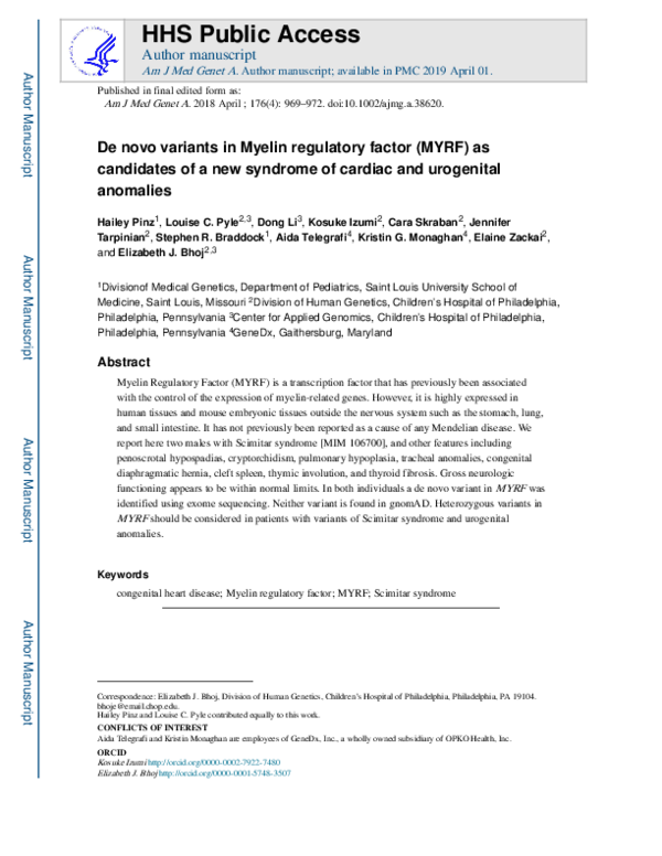 (PDF) De novo variants in Myelin regulatory factor (MYRF) as candidates ...