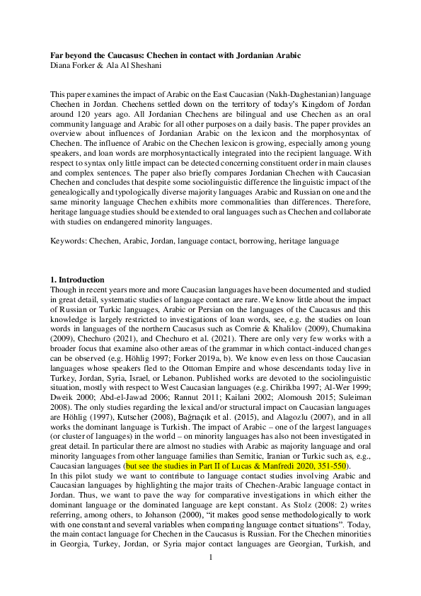 (PDF) Far beyond the Caucasus: Chechen in contact with Jordanian Arabic