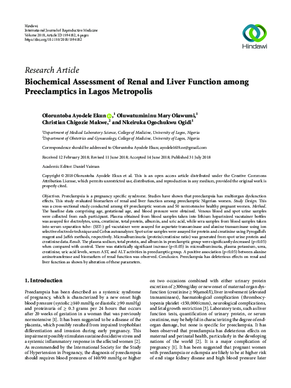 (PDF) Biochemical Assessment of Renal and Liver Function among ...