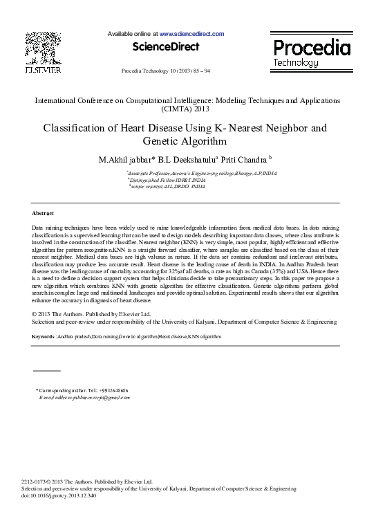 Pdf Classification Of Heart Disease Using K Nearest Neighbor And