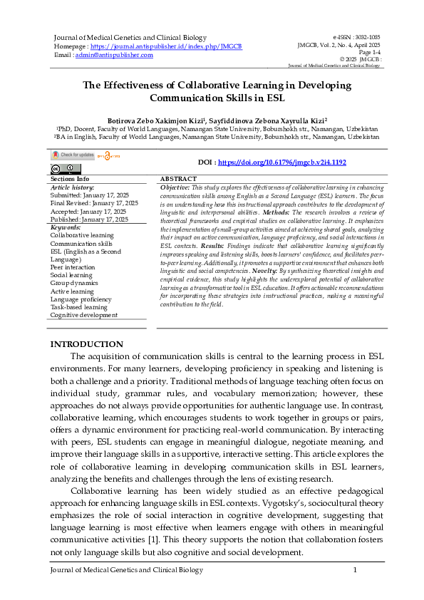 (PDF) The Effectiveness of Collaborative Learning in Developing ...