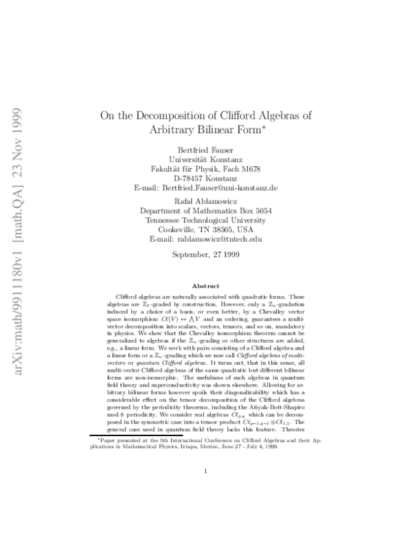 (PDF) On the Decomposition of Clifford Algebras of Arbitrary Bilinear Form