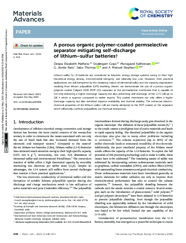 (PDF) A porous organic polymer-coated permselective separator ...