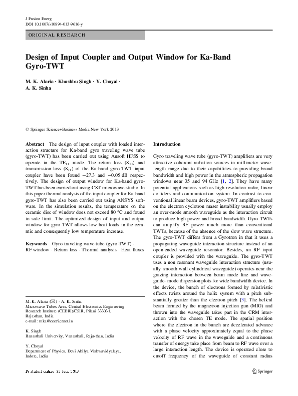 (PDF) Design of Input Coupler and Output Window for Ka-Band Gyro-TWT