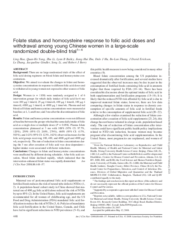 (PDF) Folate status and homocysteine response to folic acid doses and ...