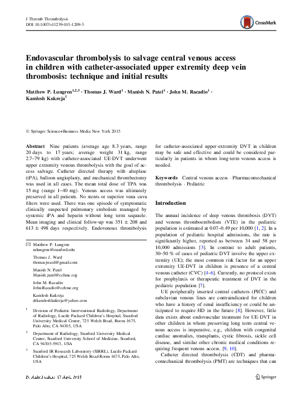 (PDF) Endovascular thrombolysis to salvage central venous access in ...