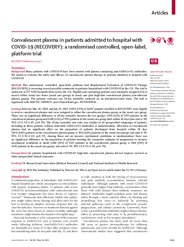 (PDF) Convalescent plasma in patients admitted to hospital with COVID ...