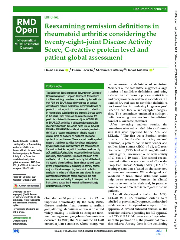 (PDF) Reexamining remission definitions in rheumatoid arthritis ...