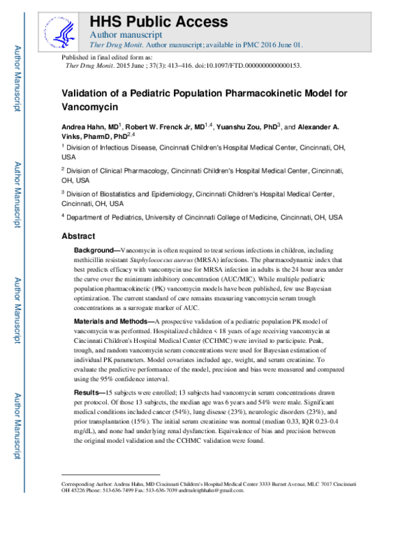 (PDF) Validation of a Pediatric Population Pharmacokinetic Model for ...