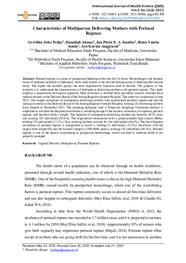 (PDF) Characteristics of Multiparous Delivering Mothers with Perineal ...