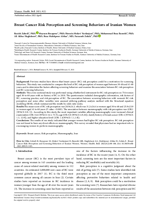 (PDF) Breast Cancer Risk Perception and Screening Behaviors of Iranian ...