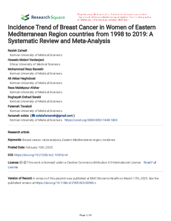 (PDF) Incidence Trend of Breast Cancer in Women of Eastern ...