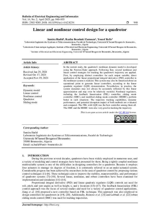 (PDF) Linear and nonlinear control design for a quadrotor