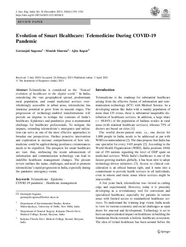 (PDF) Evolution of Smart Healthcare: Telemedicine During COVID-19 Pandemic