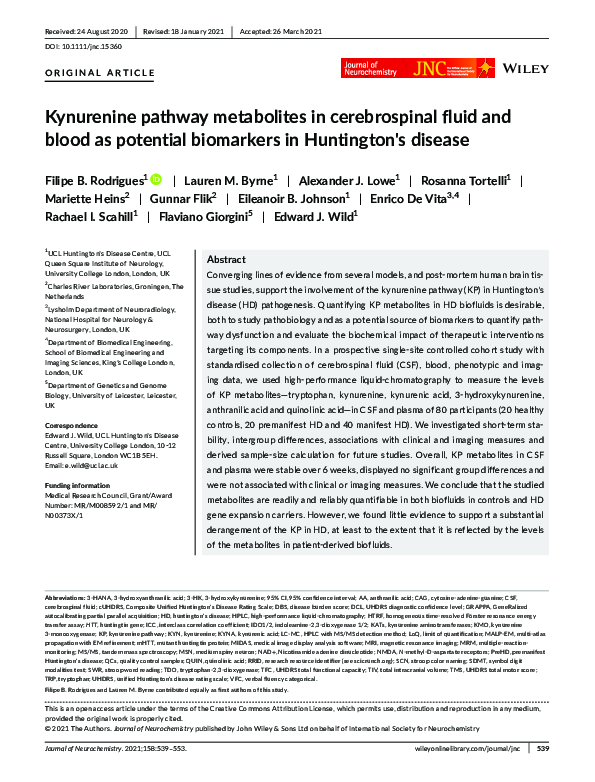 (PDF) Kynurenine pathway metabolites in cerebrospinal fluid and blood ...