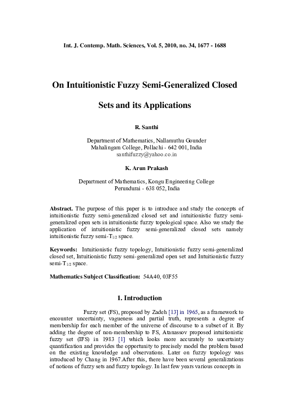 (PDF) On Intuitionistic Fuzzy Semi-Generalized Closed Sets and its ...
