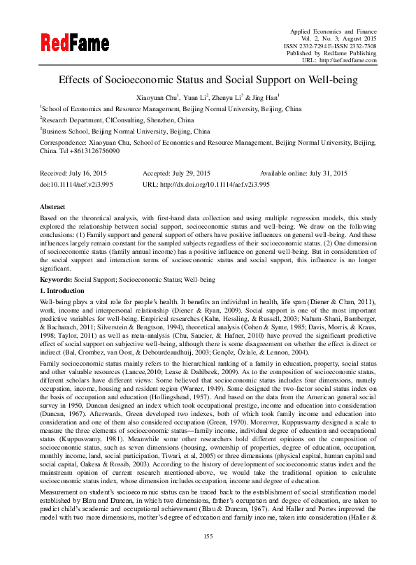 (PDF) Effects of Socioeconomic Status and Social Support on Well-being