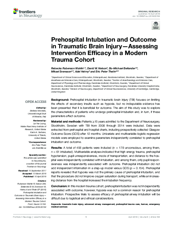 (PDF) Prehospital Intubation and Outcome in Traumatic Brain Injury ...