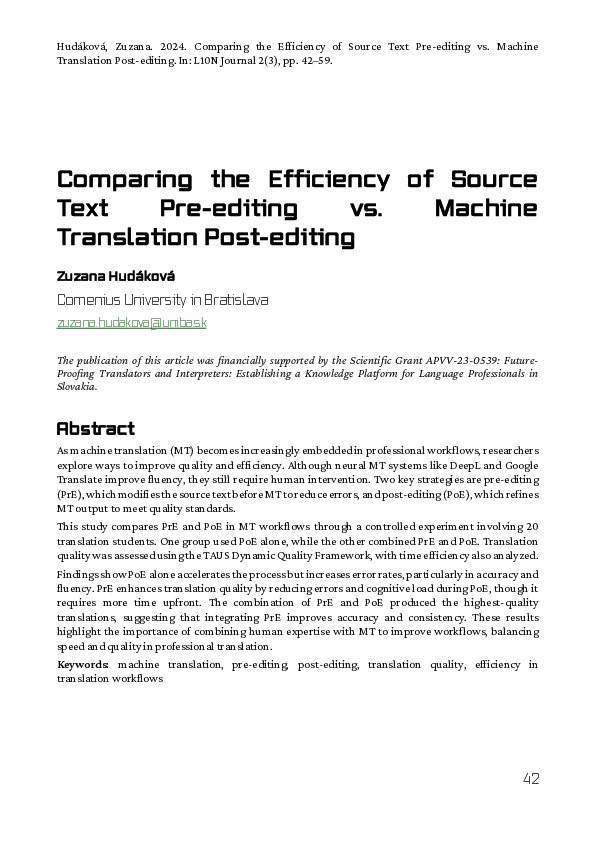 (PDF) Comparing the Efficiency of Source Text Pre-editing vs. Machine ...