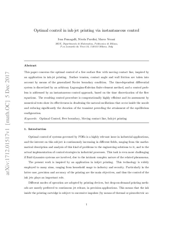 (PDF) Optimal control in ink-jet printing via instantaneous control