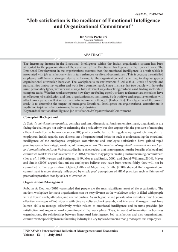 (PDF) "Job satisfaction is the mediator of Emotional Intelligence and ...
