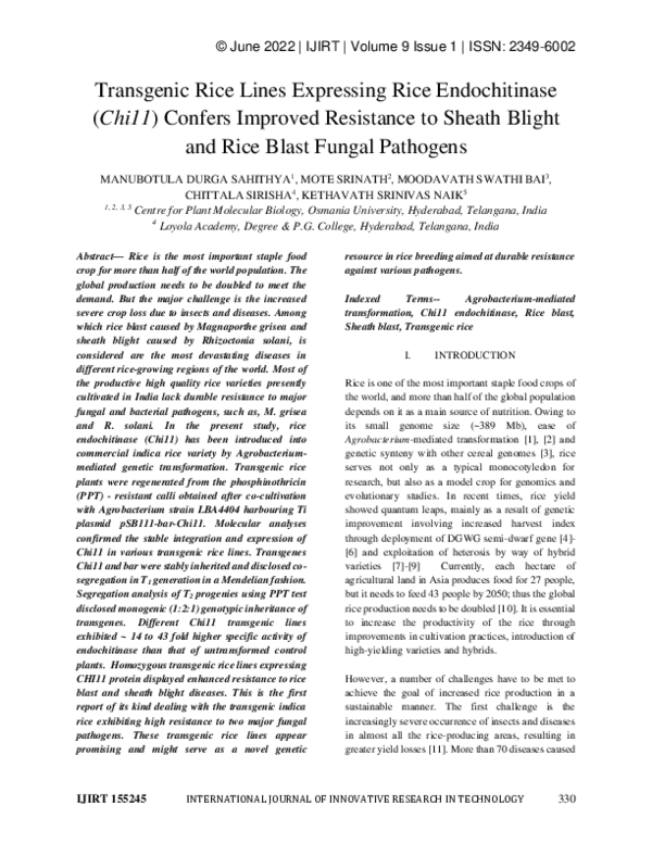 (PDF) Transgenic Rice Lines Expressing Rice Endochitinase (Chi11 ...