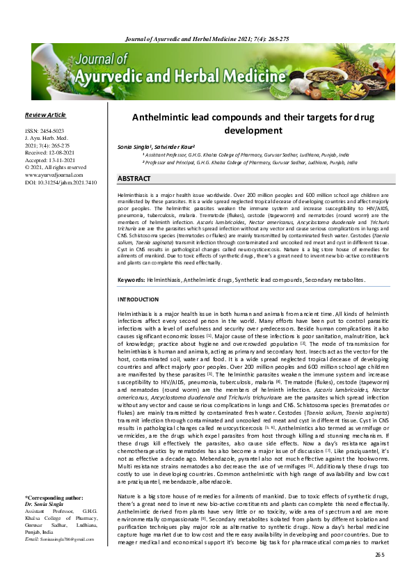(PDF) Anthelmintic lead compounds and their targets for drug development