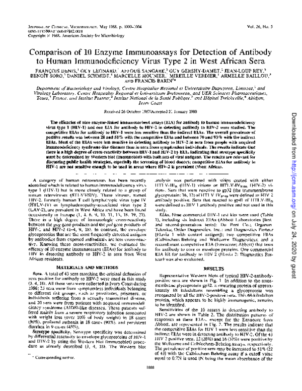 (PDF) Comparison of 10 enzyme immunoassays for detection of antibody to ...