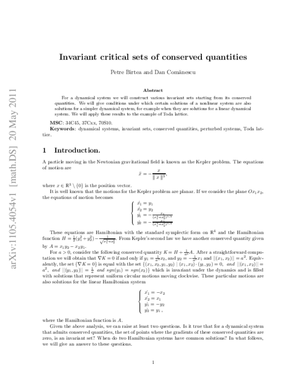 (PDF) Invariant critical sets of conserved quantities