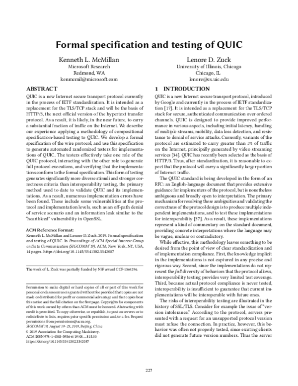 (PDF) Formal specification and testing of QUIC