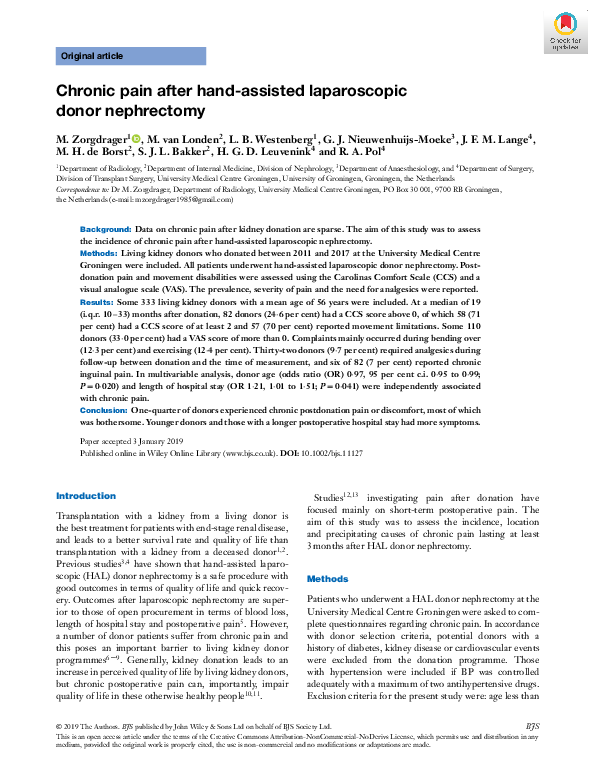 (PDF) Chronic pain after hand-assisted laparoscopic donor nephrectomy