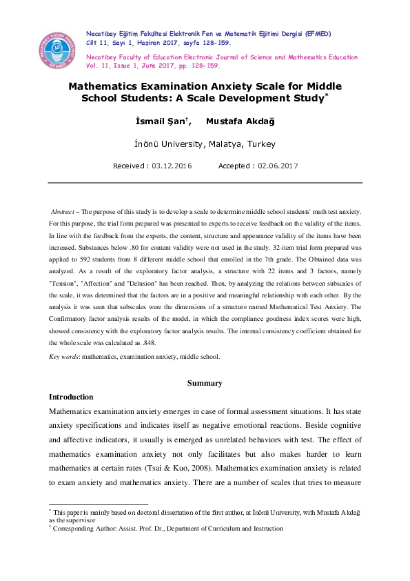 (PDF) Mathematics examination anxiety scale for middle school students ...