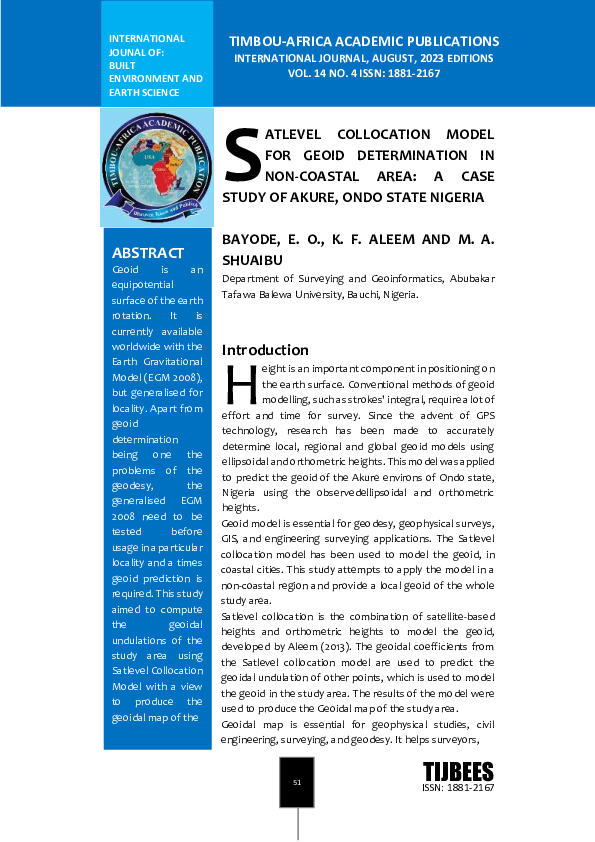 (PDF) SATLEVEL COLLOCATION MODEL FOR GEOID DETERMINATION IN NON-COASTAL ...