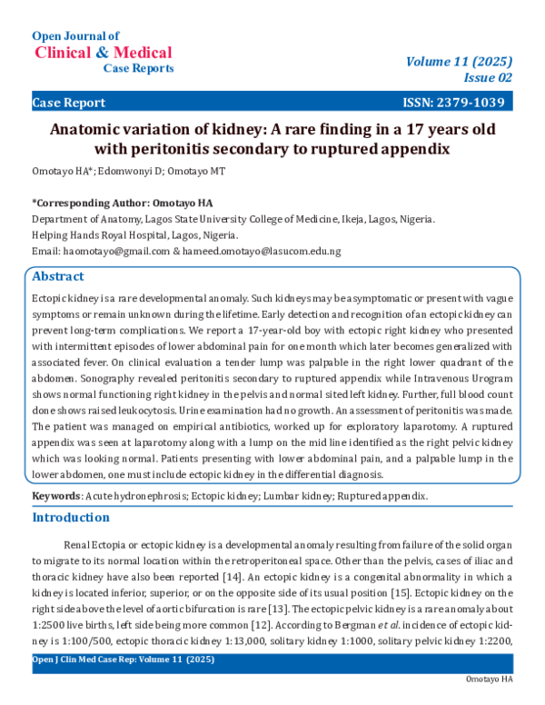 (PDF) Anatomic variation of kidney: A rare finding in a 17 years old ...