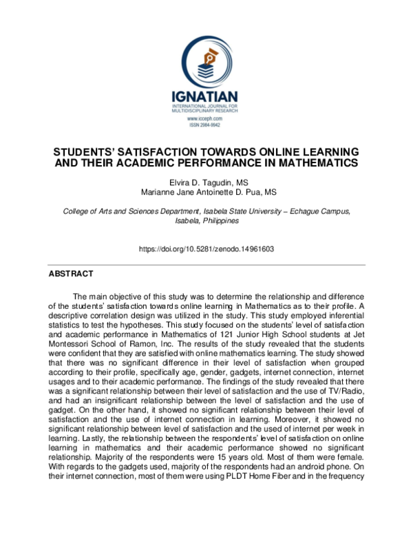 (PDF) STUDENTS' SATISFACTION TOWARDS ONLINE LEARNING AND THEIR ACADEMIC ...