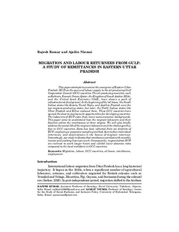 (PDF) MIGRATION AND LABOUR RETURNEES FROM GULF: A STUDY OF REMITTANCES ...